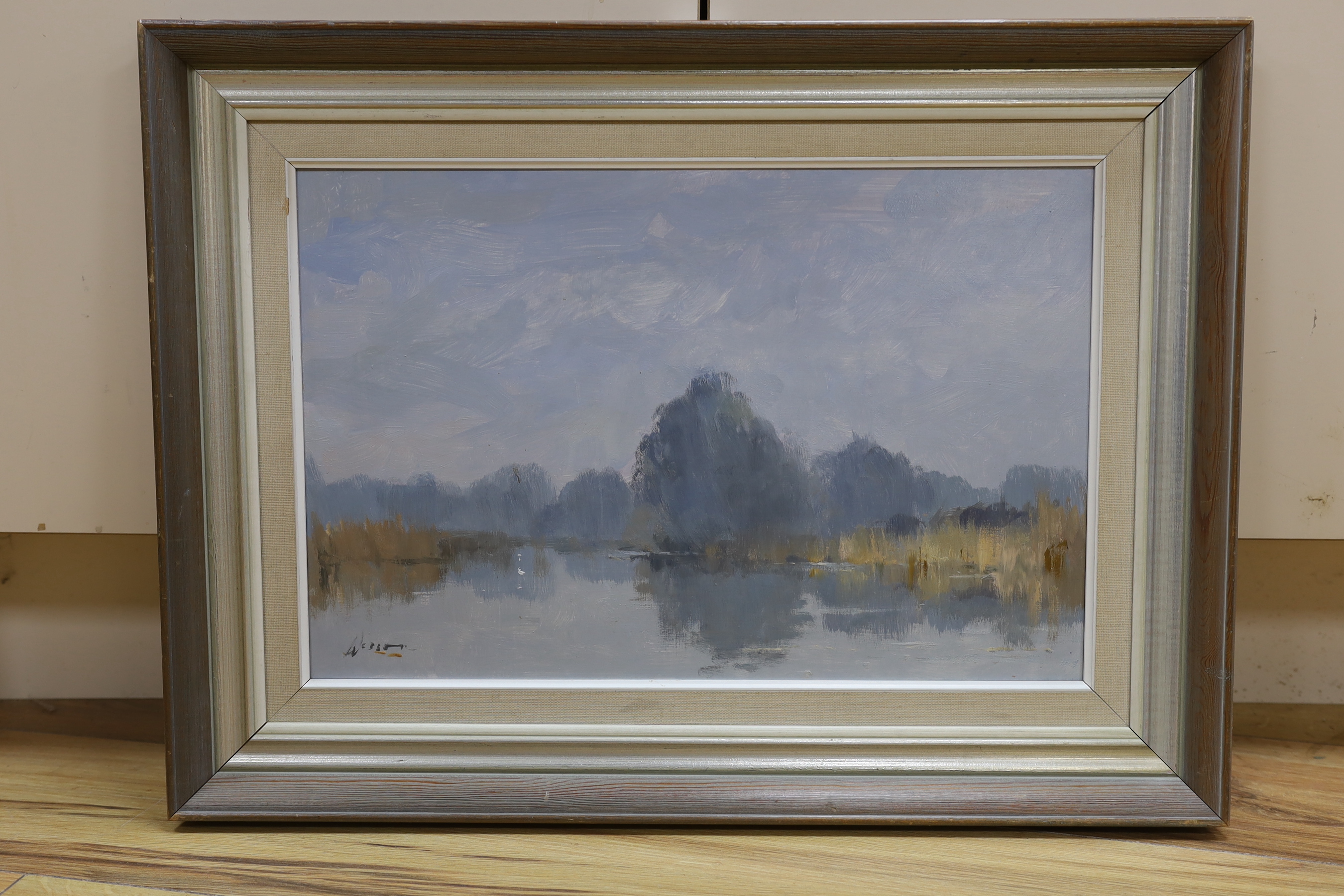 Edward Wesson RI, RSMA (1910-1983), oil on board, 'Calm day at Burton Pond, near Pulborough', signed, 29 x 44.5cm